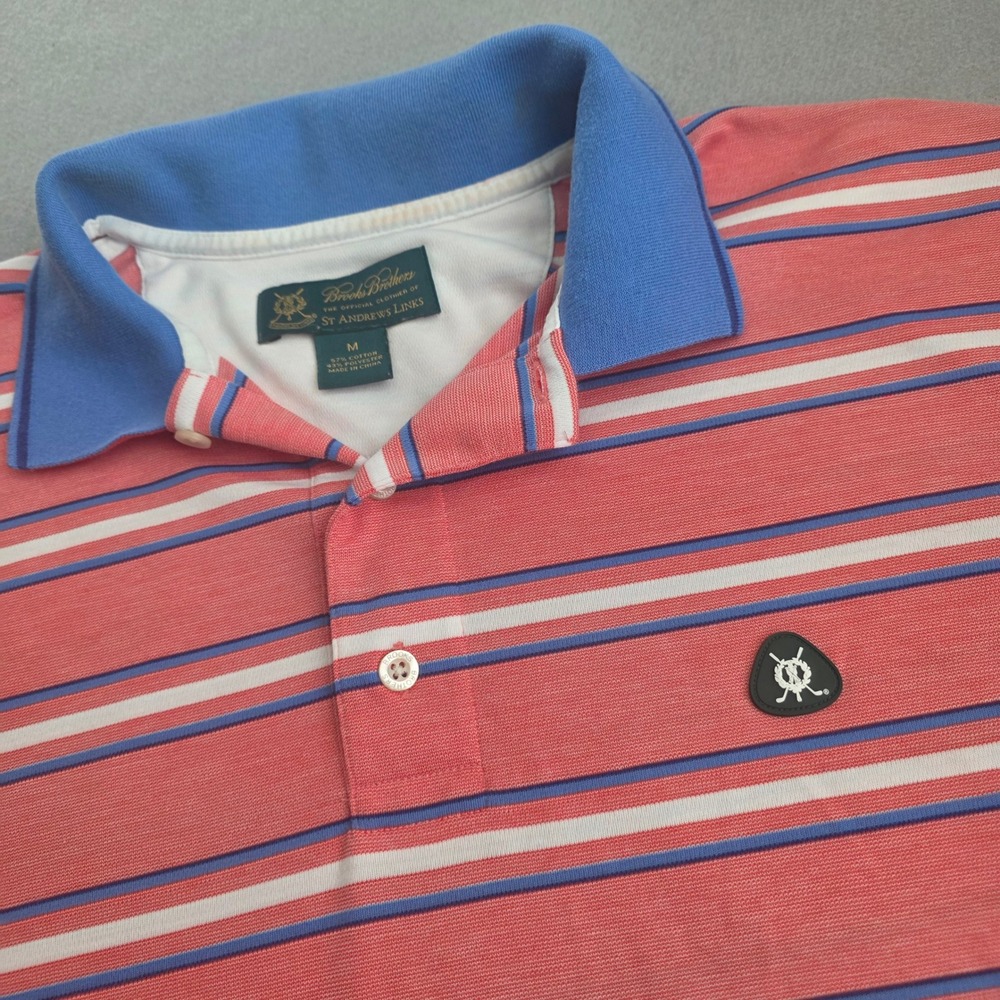 Brooks Brothers St Andrews Links Striped Polo Shirt Mens Medium Coral Blue Golf